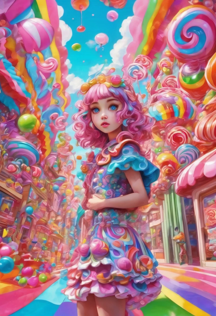 1girl, Candyland, aesthetic, vibrant colors Candyland wonderland gouache swirls detailed Candy art style! Whimsical playful colorful! candy!!! 🍬🍭 Candyland art!! “Hyperrealistic hyperdetailed highly detailed, digital illustration” postmodernism, artstation, poster art, dynamic lighting, cel-shaded, ray tracing reflections