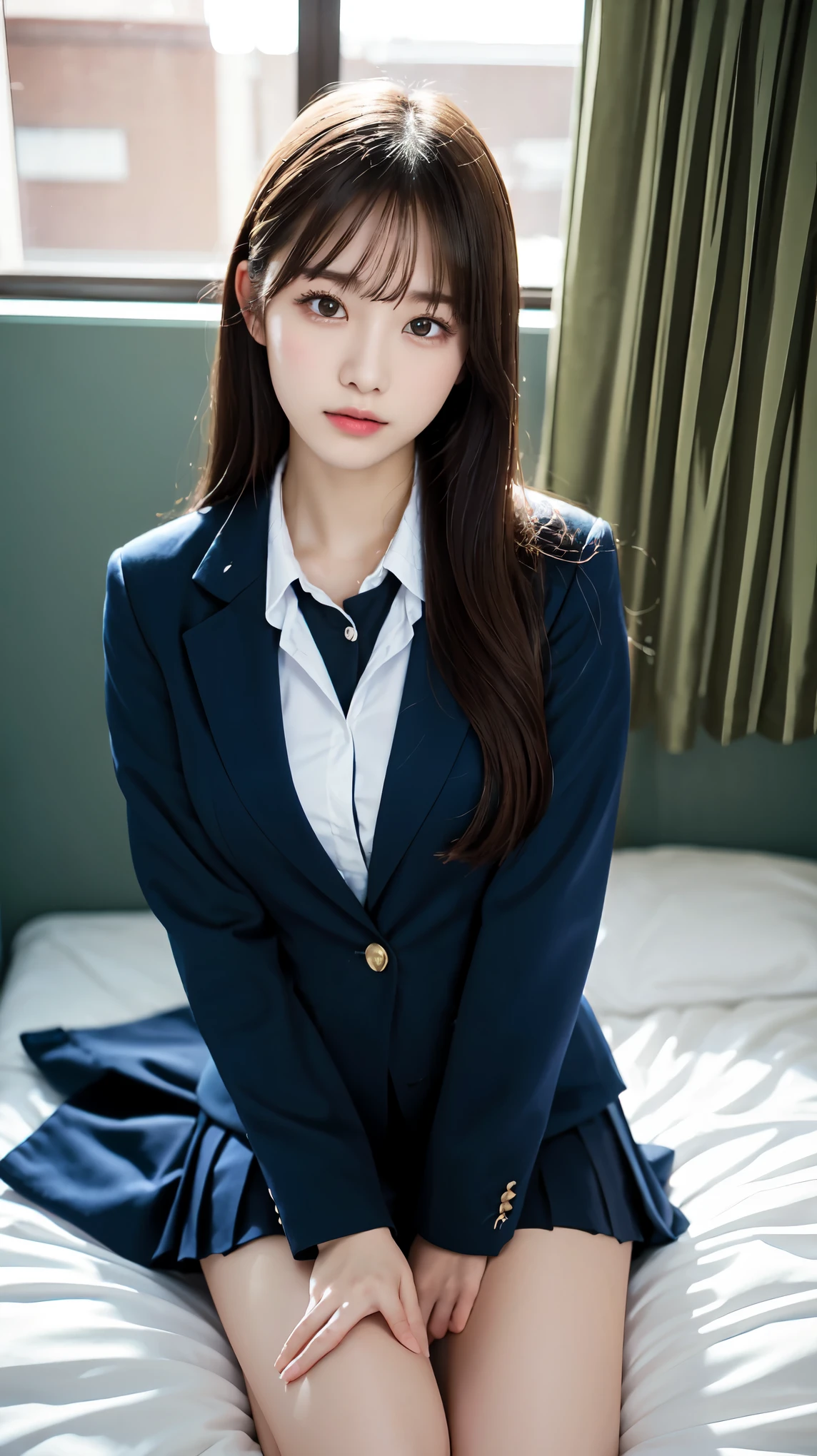 Graduation Ceremony、high school girl、uniform 、navy blue blazer、Bedroom、lie on the bed、raise your legs, open your legs, perfect proportions、cute、((18 year old female:1.2))、young adorable japanese face,official art,Highly detailed CG Unity 8K wallpaper,(masterpiece:1.0),(highest quality:1.0), 超A high resolution,4k,Super detailed, photo shoot, 8K, nffsw, High resolution, kodak portrait 400, film grain, lens flare glow,高いest quality,8K,nffsw:1.2),portrait shot,8K, view from above