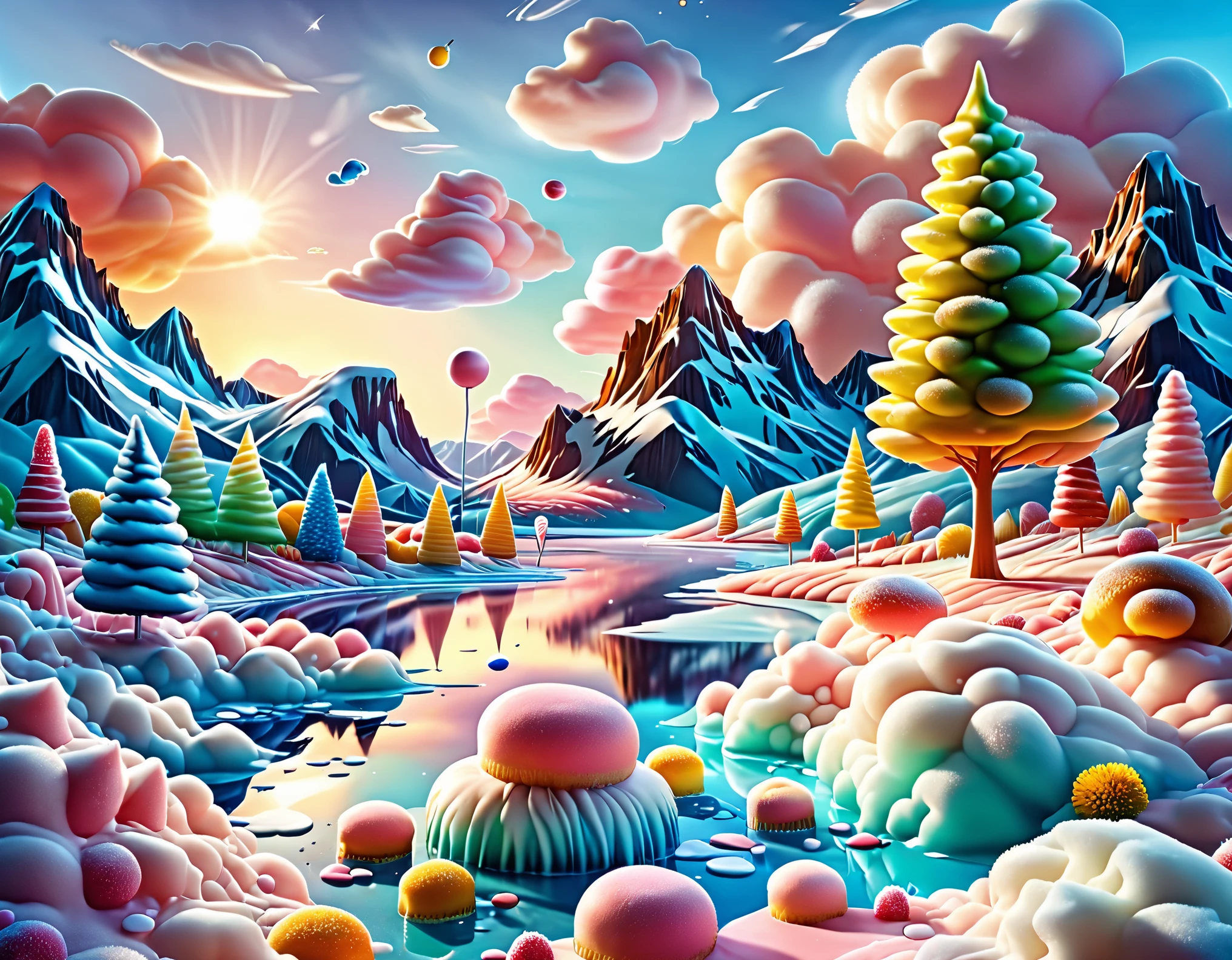 ((beautiful candy planet, floating in gelatin, you can see popsicle trees, rivers of icing, mountains of cakes, epic: 1.7)), long shot: 1.4, (masterpiece: 1.5), (Best quality: 1.6), (ultra high resolution:1.4), ((landscape, vibrant colors, sunrise, donut-shaped sun:1.7)), (( magical, Beautiful, dreamy idyllic:1.6 )), (( Best quality, vibrant, 32k, clear and well-defined shadows, sharpness in the image: 1.6)).