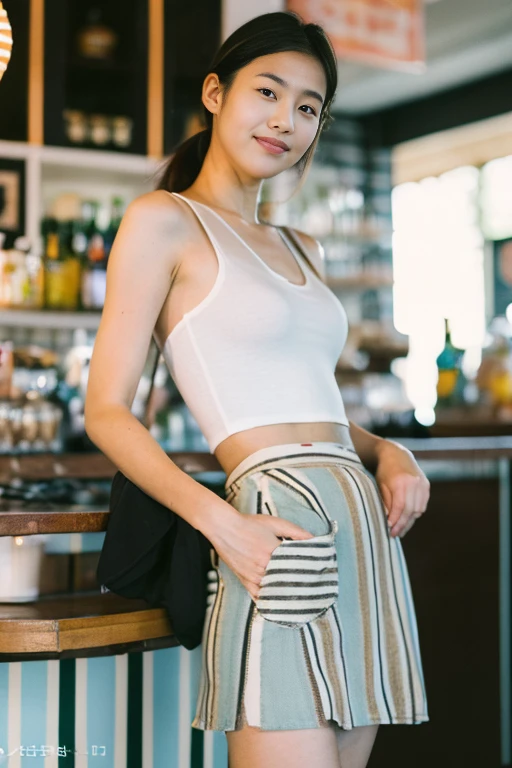 (film grain),dusk,full body portrait,(((original photo))),A sexy girl works at the counter in the bar,The body shape of 34-26-36 is an hourglass shape,(sling、short skirt、stripe、pattern、pattern:1.5),rim light, clavicle, beautiful face,tattoos on the arms,belly button,wide hips, slender waist,(((long legs))),Idol, depth of field, tilt, reflective,lifelike, ultra high resolution, high quality,soft light,best quality,masterpiece,8K,Super real,(film grain, Color difference, sharp focus, in the darkness, deep shadow, low profile, cold light, sexy look). portrait style, Leica camera quality, digital SLR, soft light, high quality, Fuji XT3, afternoon sun、 Close to her, Skin peach fuzz and pore details, Radiant、#100: Natural Golden Blonde Ponytail, A hint of smile、 intimate relaxed style photoshoot, Camera reveals more about her surroundings, reveal the deepest shadows, Every texture is clear and delicate,