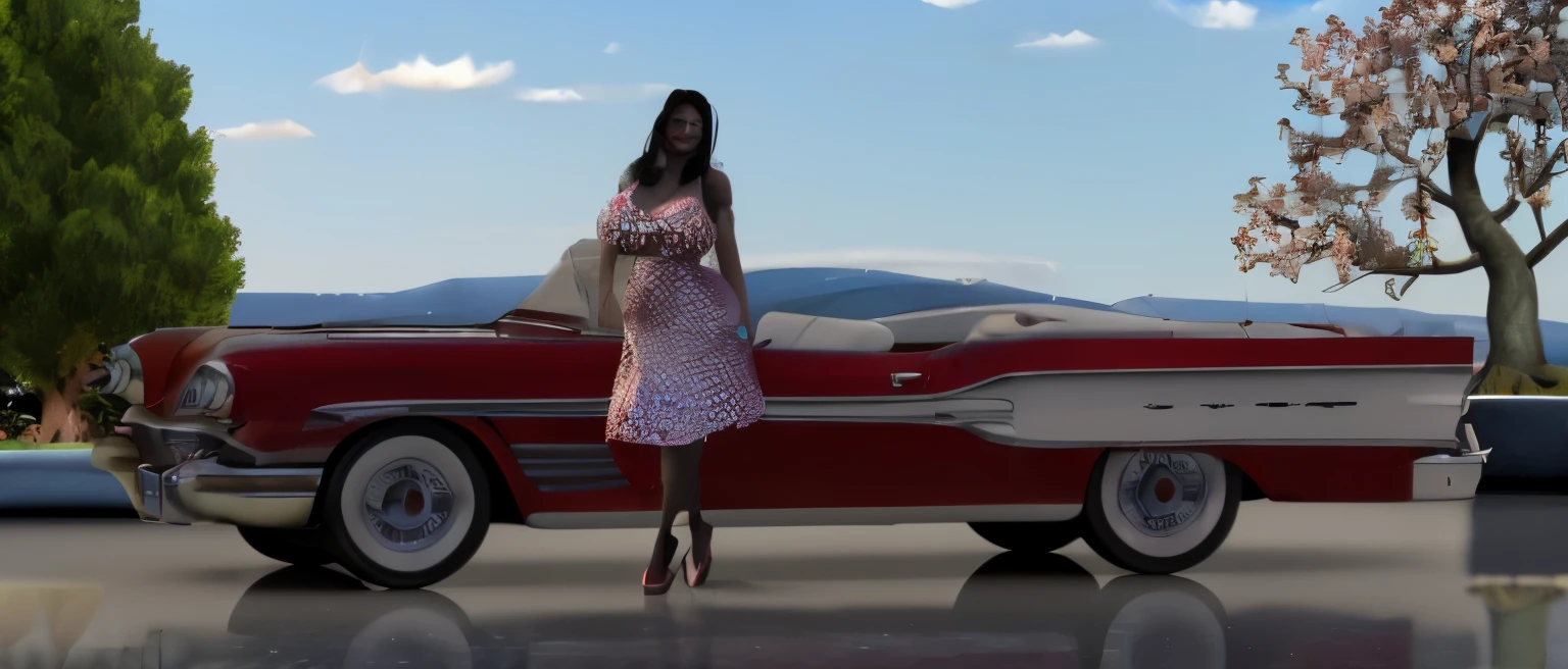 araffe woman with very huge in a dress standing next to a red car, pinup model, retro pinup model, photo render, inspired by Bunny Yeager, pinup, pouty look :: octane render, photorender, photographic render, ( octane render ), pinup pose, modeled in poser, digital render, ((((octane render, pinup body, (octane render, art nouveau octane render