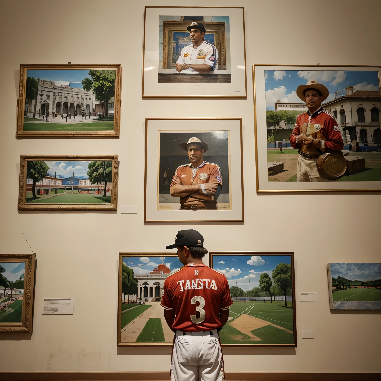 A wall like that of a museum, with five paintings. In the center of the image, the photo of the player Tepa González de Costa looking at the pictures, he is wearing the tapatio uniform, and on its right side are the champion of clausura 23 and champion of champions trophies.