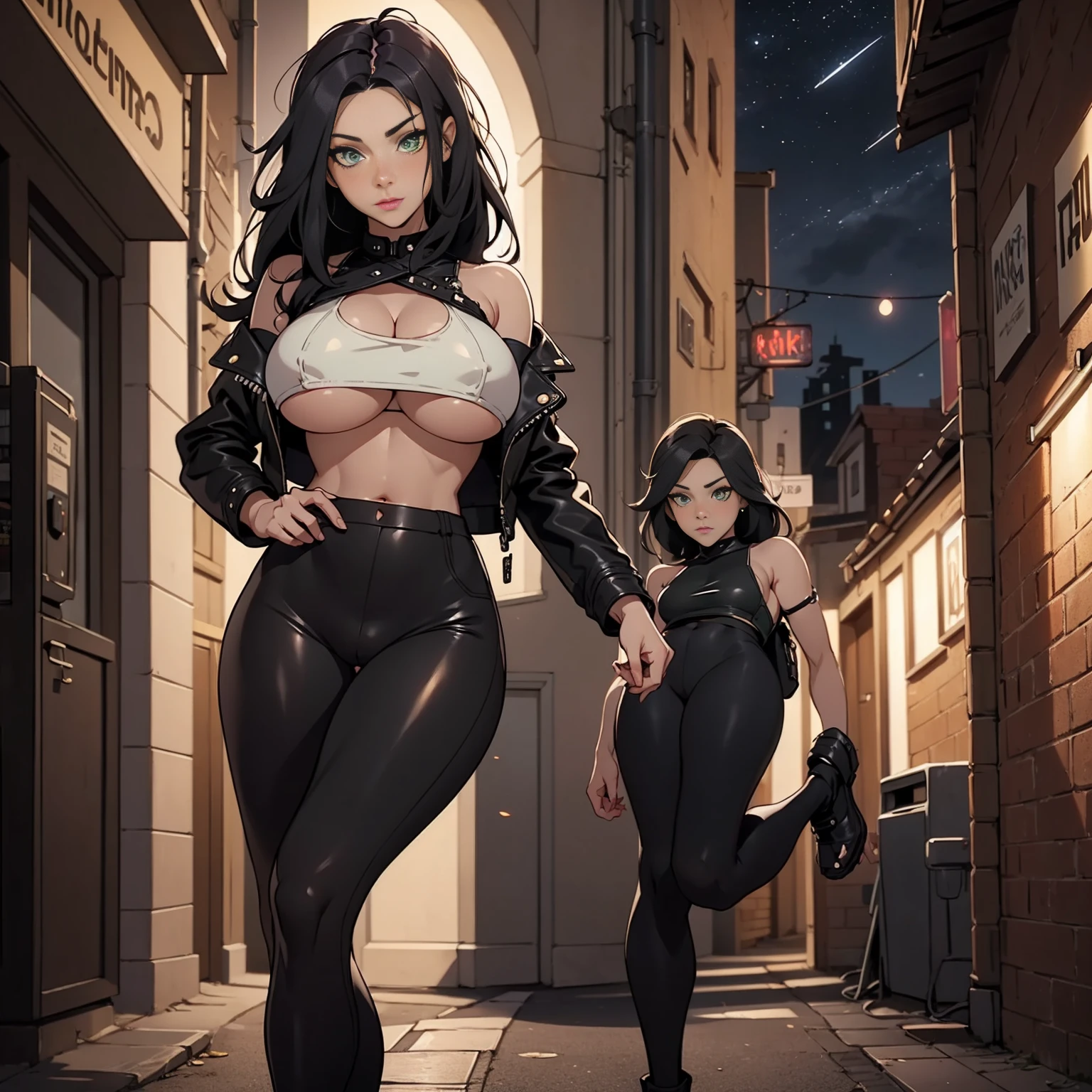 ((deep in the night, Need, 8K, tmasterpiece:1.3)),(realisticlying:1.4),RAW photogr,figure portrait,Very wide lens,closeup cleavage,(True skin texture:1.3),(filmgrain:1.3) Focalors:1.2, perfect figure beautiful woman:1.4, ((Long dark black bright hair, green eyes, huge tit:1.2 )), ((White crop top:1.4)(short black leather jacket) , cropped shoulders,black steampunk trausers, standing on your feet:1.2), ((steampunk city night scene, )), Highly detailed facial and skin texture, detailed, very tight clothes detailing all body breasts and cameltoe.