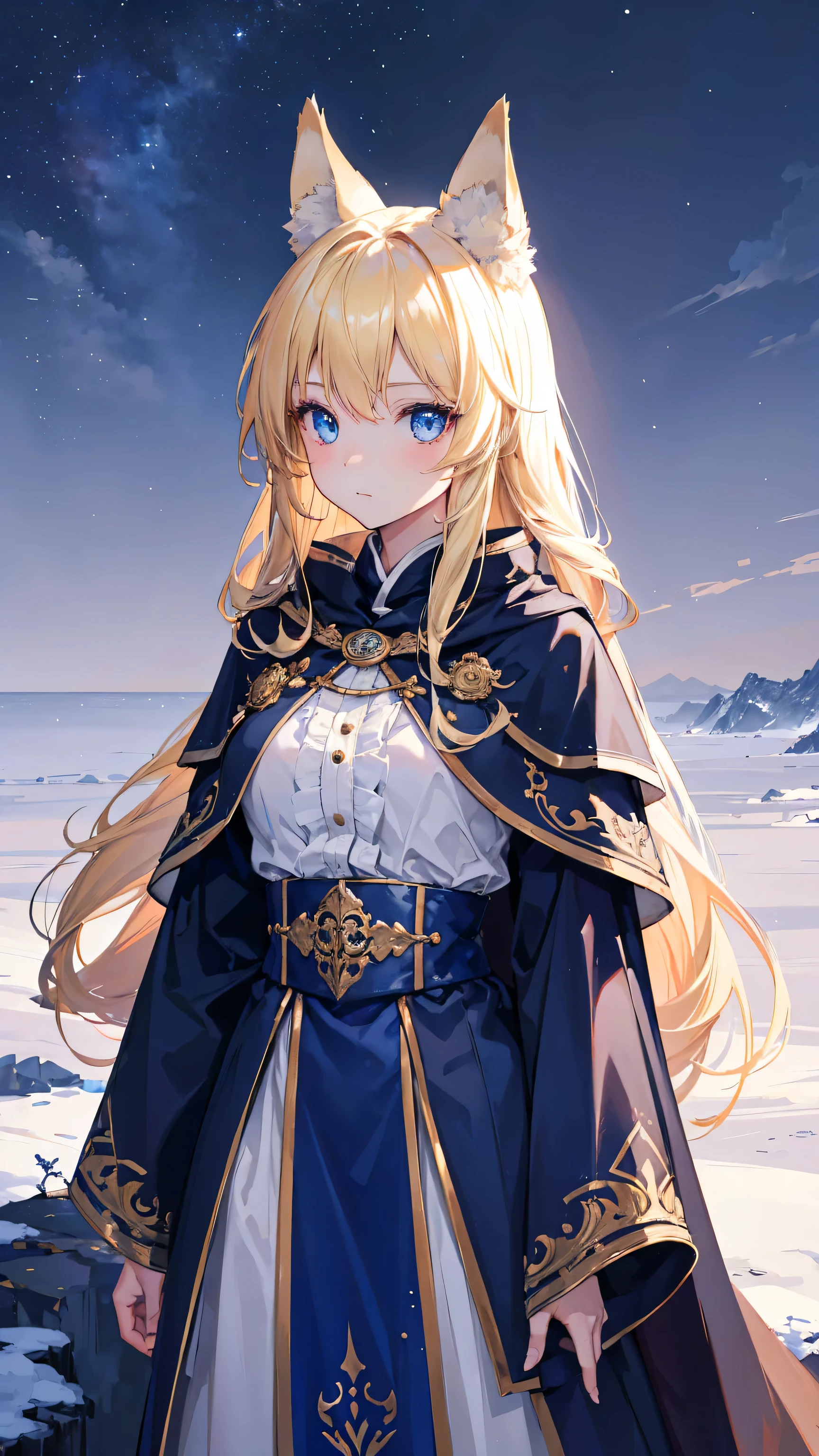 8k, best quality, (lifelike:1.4), original photo, 1 girl, Blonde hair, wolf ears, flowing cape, posture: standing in moonlit field, blue eyes