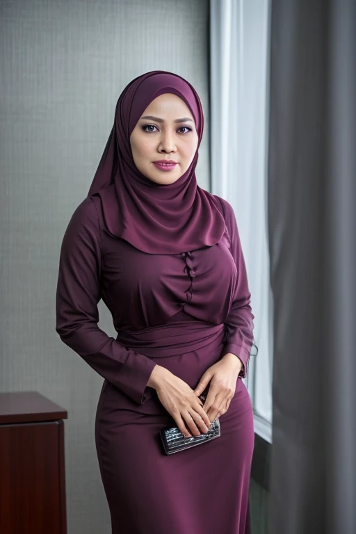 Indonesian milf, 40 years old, hijab, gamis, big breast at office, Dark light, at Nighttime, high heels, Seductive face.(full camera body)
