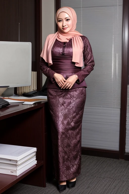 Indonesian milf, 40 years old, hijab, gamis, big breast at office, Dark light, at Nighttime, high heels, Seductive face.(full camera body)