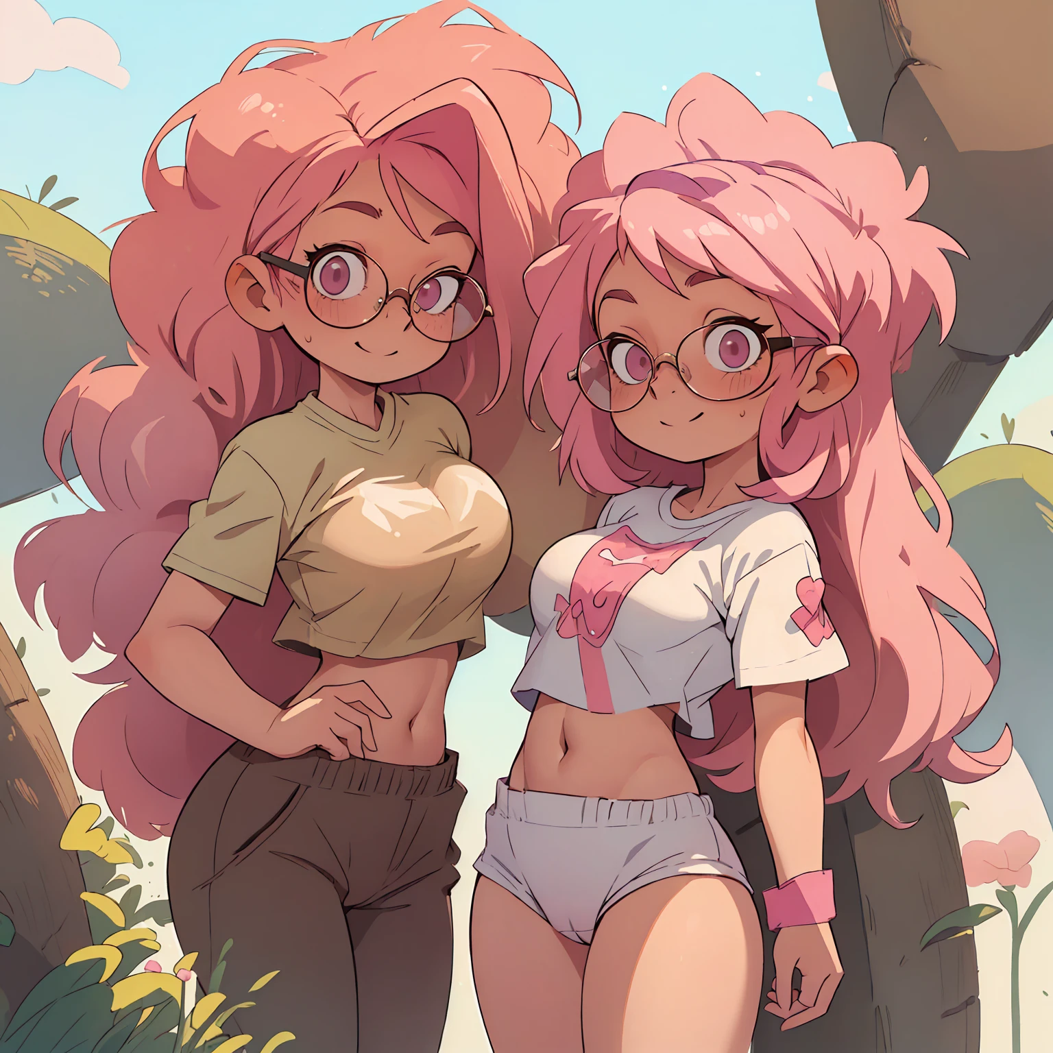 (masterpiece, best quality:1.2), cowboy shot, solo, 1girl, glasses, long fluffy pink hair, chubby, white t-shirt, pink fluffy sweatpants, cowboy shot, slight smile, crop top, babydoll, stomach, navel exposed, large breasts, beasts niples, cameltoe
