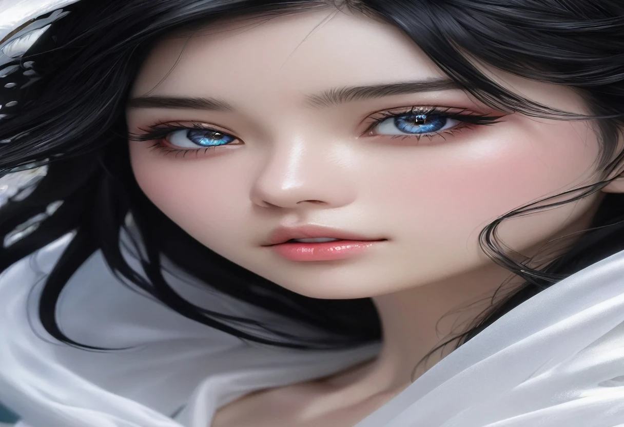 A woman with black hair and black eyes and a white dragon, A white kimono like a shrine maiden，Translucent feather robe，The white dragon&#39;s eyes shine silver，Gwaites style artwork, realistic digital painting, beautiful realistic face, realistic digital illustration, hyper realistic anime, realistic 3d animation, beautiful and realistic face, 8K realistic digital art, have a highly detailed face, highly detailed face and eyes, Realistic anime 3d style, realistic art style，Rainbow colors are scattered