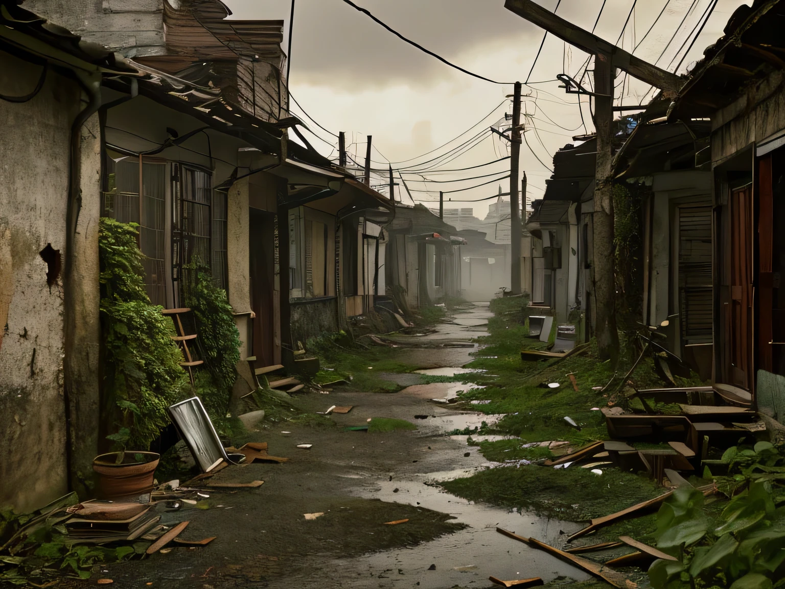 Rainy evening.
Dilapidated wooden apartment buildings stand in a row, their exteriors peeling off, window frames distorted. Roofs have collapsed, weeds overgrown, vines intertwined. The ground is scattered with fallen leaves and twigs, bare soil exposed. The sky is a gloomy gray, shrouded in mist, an eerie silence prevailing. Damp air and the stench of decay linger.
Please draw such a scene.