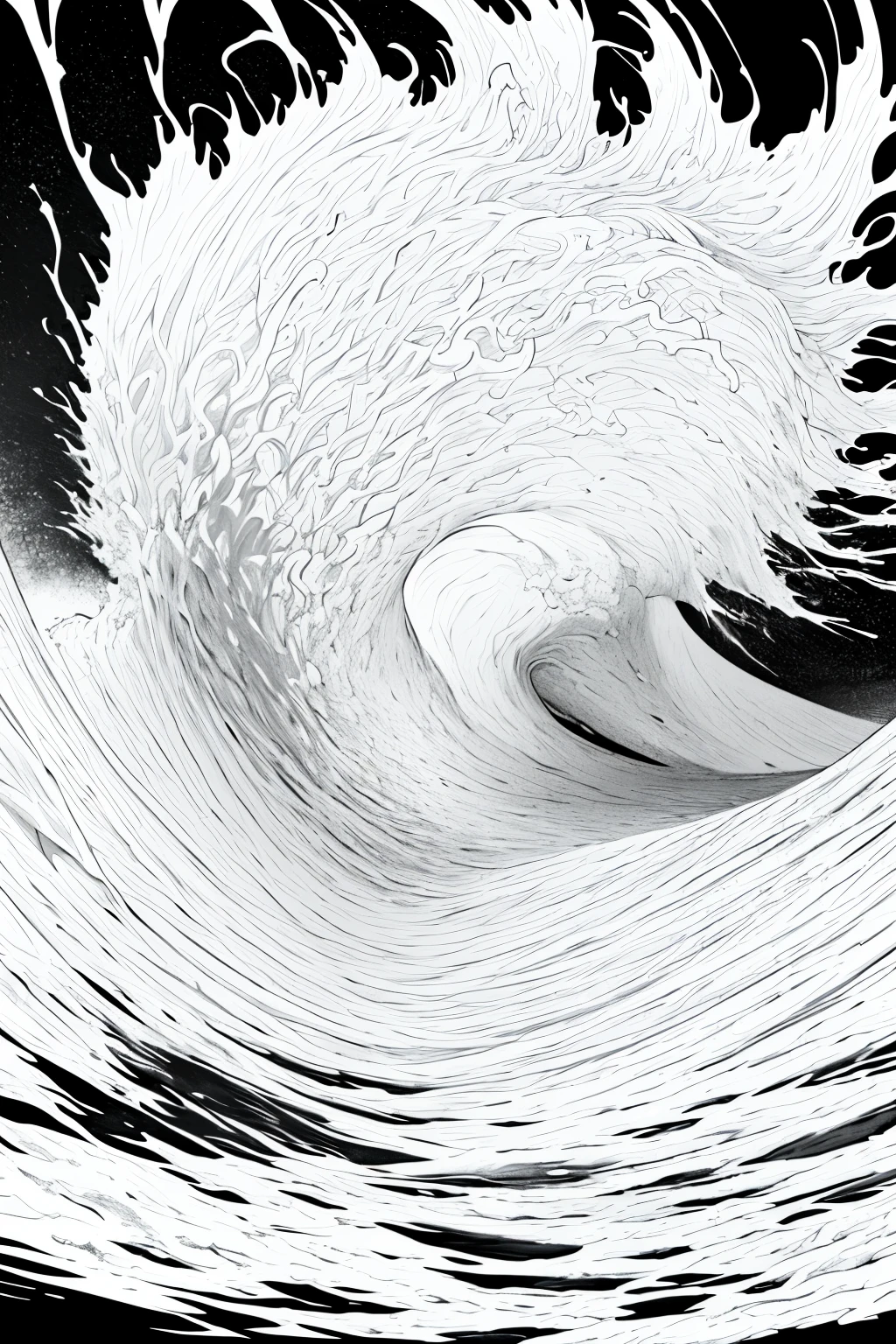 A vectorized black and white image of a Japanese tsunami wave:
The cresting wave, an embodiment of raw power and destructive force, looms large in this monochrome illustration. The intricate details of the curling wave's white froth and the black undertow swirl masterfully, capturing the awe-inspiring scale of nature's fury. The stark contrast of the black wave against the white foam adds depth and dimension, giving a sense of the immense energy that lies within this natural phenomenon. The serene tranquility of the ocean's depths is hinted at by the black background, creating a striking juxtaposition of chaos and calm.