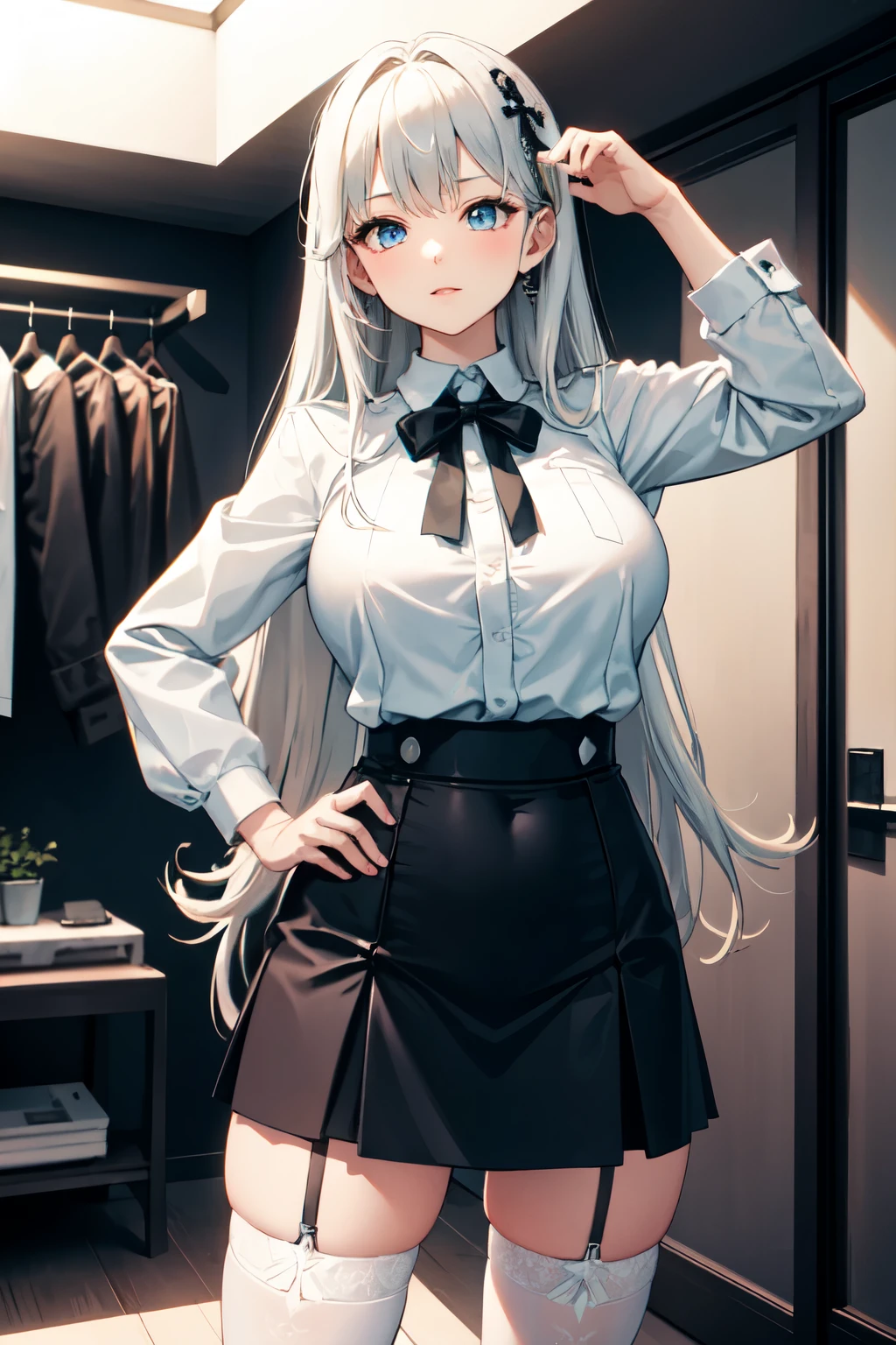 (masterpiece, best quality:1.2), 1girl, solo, standing pose, random pose, black and white shirt, super very large thigh, black and white narrow skirt, super very large huge, random hair color, random long hair, blue eye, white stocking long patterned, (home) 