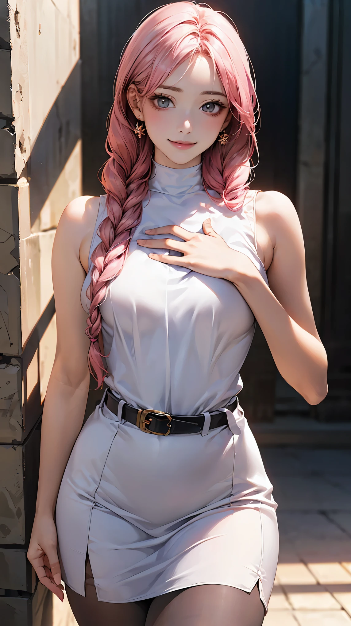 (masterpiece:1.2, highest quality), (realistic, photorealistic:1.4), beautiful illustrations, (natural side lighting, movie lighting),oking at the viewer, Upper body, (Front view), 1 girl, perfect face, Cute symmetrical face, shiny skin, baby face, long eyelashes, (large breasts), (wide hips),beautiful hair, beautiful face, fine and beautiful eyes, beautiful body, beautiful breasts, beautiful thighs, beautiful feet, beautiful fingers,(beautiful scenery),(cute smile:1.2, upper grade),Pink hair, very long braids, white mini dress, high neck, sleeveless, body conscious, pink tights, thighs, absolute area, (clothes with belt above and below chest:1.5)