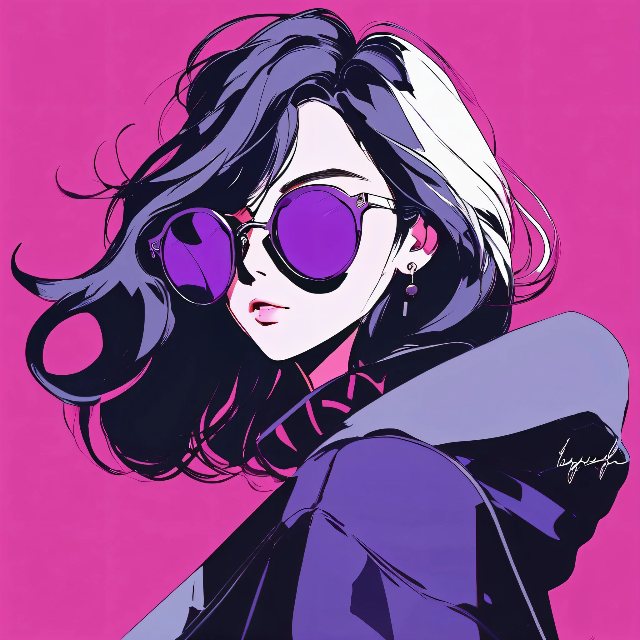 Anime girl with sunglasses in her hair, Guweiz style artwork, digital illustration style, anime style illustration, anime style 4k,purple eyes, With shining eyes, anime style. 8K, Hero, Persona 5 art style wallop