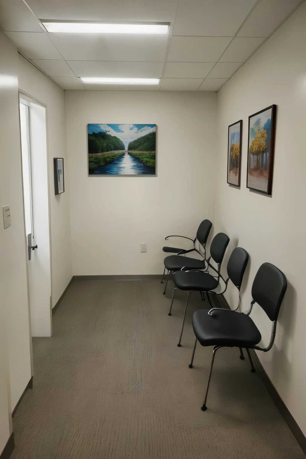 doctor's office, ((medico sentado em uma cadeira)), estilo realista, quadro com paisagem bonita