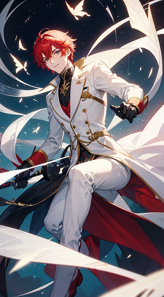 One adventurous man with red hair stairing deeply infront of him with his white eyes. The man is wearing a white academy suit and is full of confidence and joy. As the dusk arrives, the white butterflies raises around the man. He is a mysterious man have a sword with light powers that he keeps as a secret.