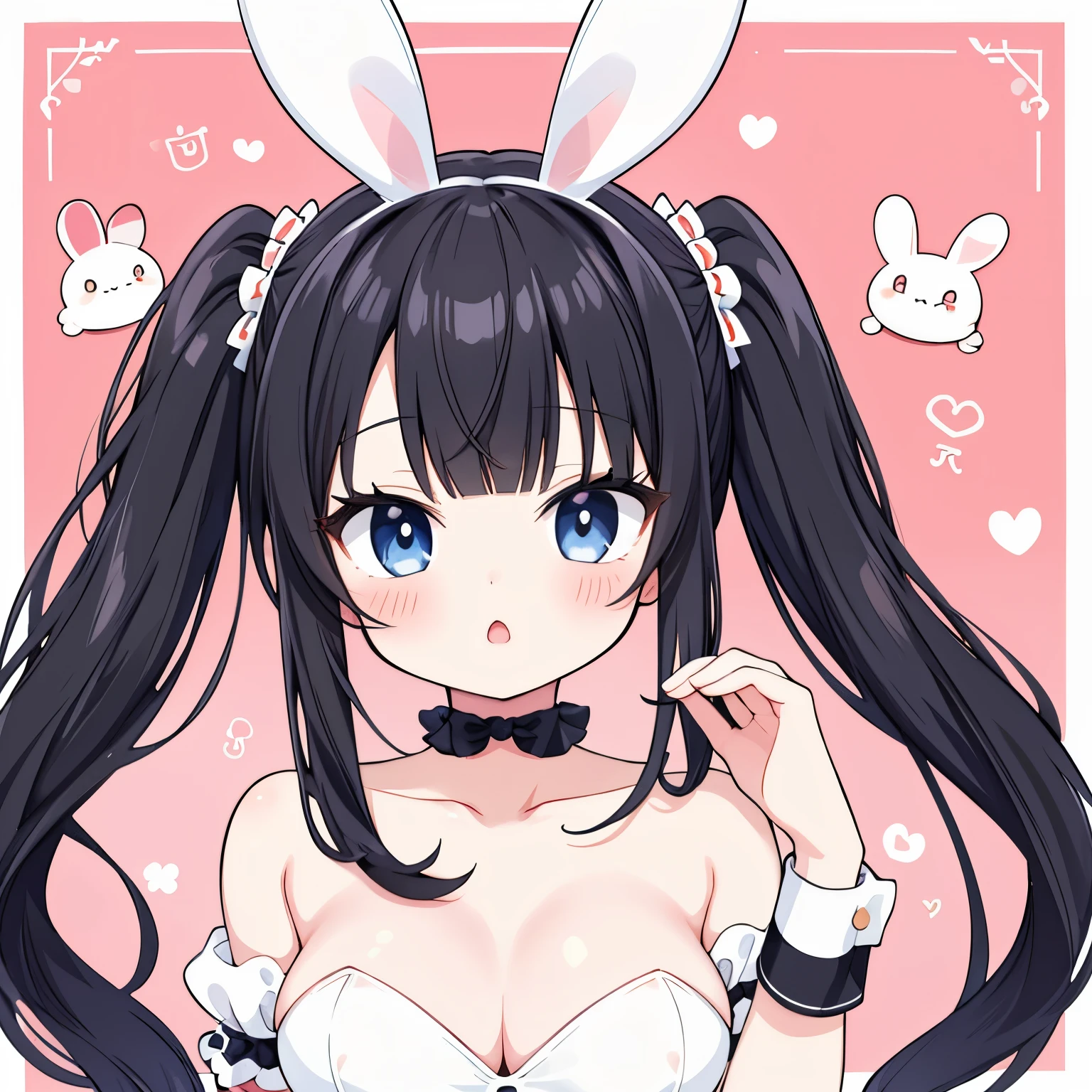 masterpiece, best quality, absurdres, illustration, black,
1 girl, playboy bunny, anime character, kawaii, cute, fuwafuwa,black hair,twin tail hair, blunt bangs, choker,
postcard,