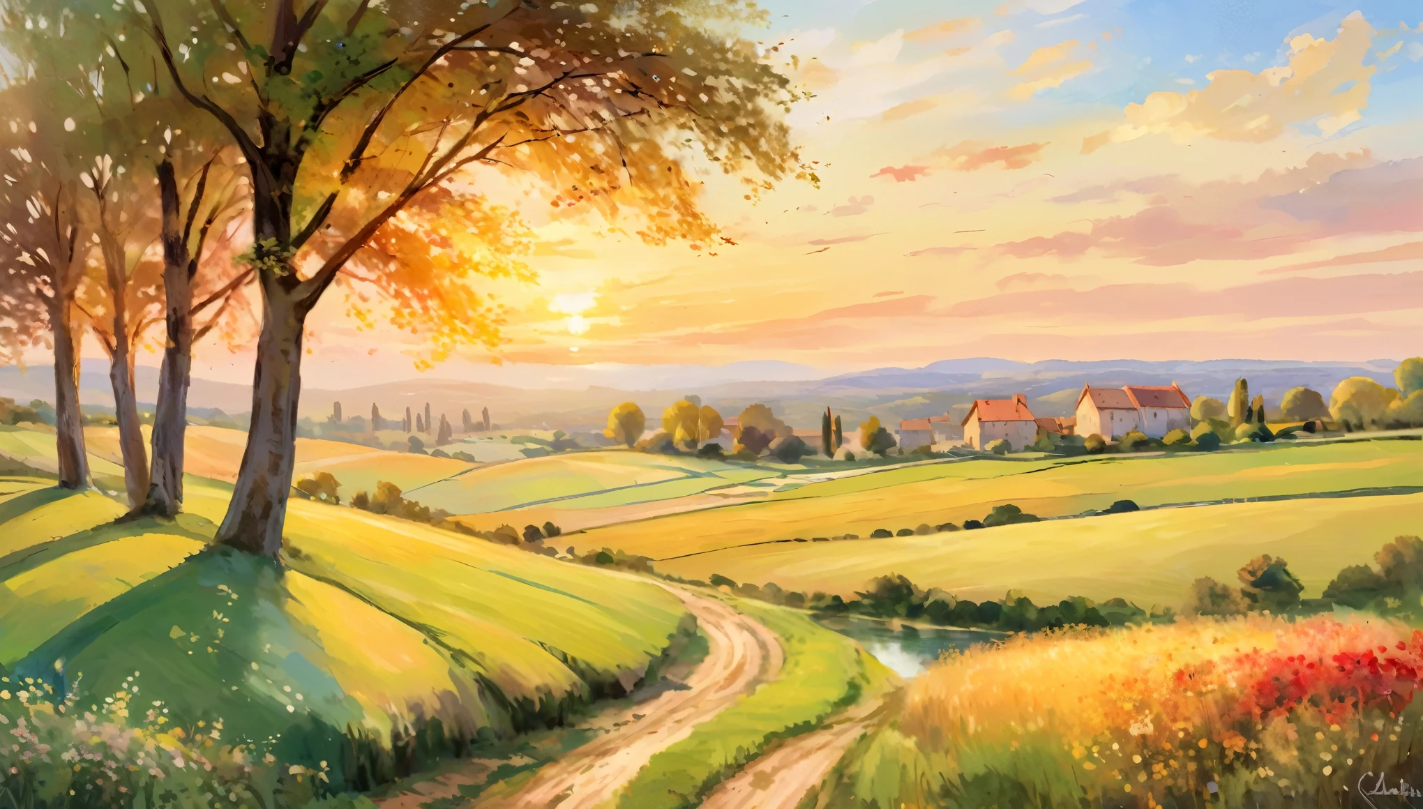 A serene countryside landscape during golden hour, with soft, painterly brushstrokes capturing the warm light and gentle colors, inspired by the works of Claude Monet and Pierre-Auguste Renoir.