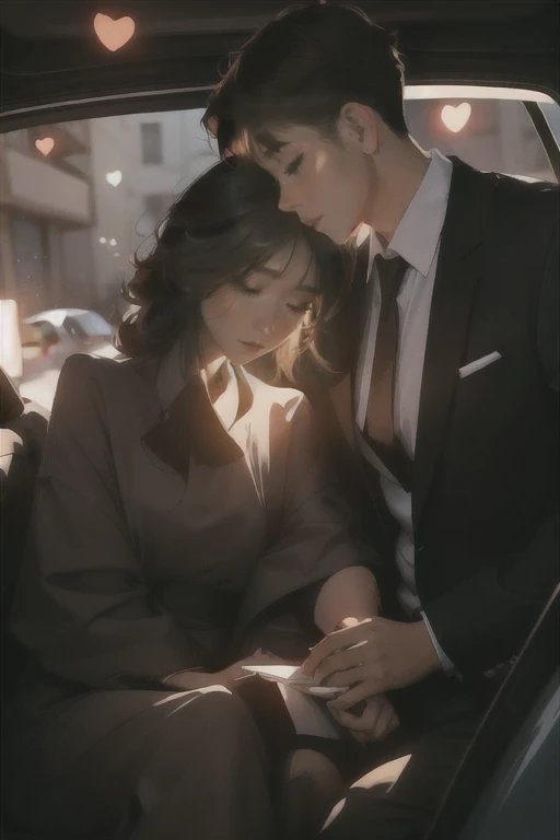 A man and a woman are sitting together in a car, ((best quality)), ((masterpiece)), (detailed), perfect face, valentine shuffle, romantic pictures, Lee Song, romantic couple,