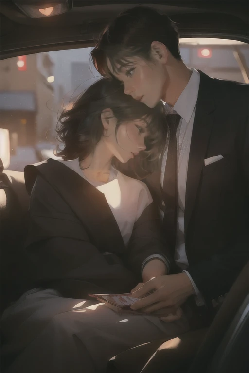 A man and a woman are sitting together in a car, ((best quality)), ((masterpiece)), (detailed), perfect face, valentine shuffle, romantic pictures, Lee Song, romantic couple,