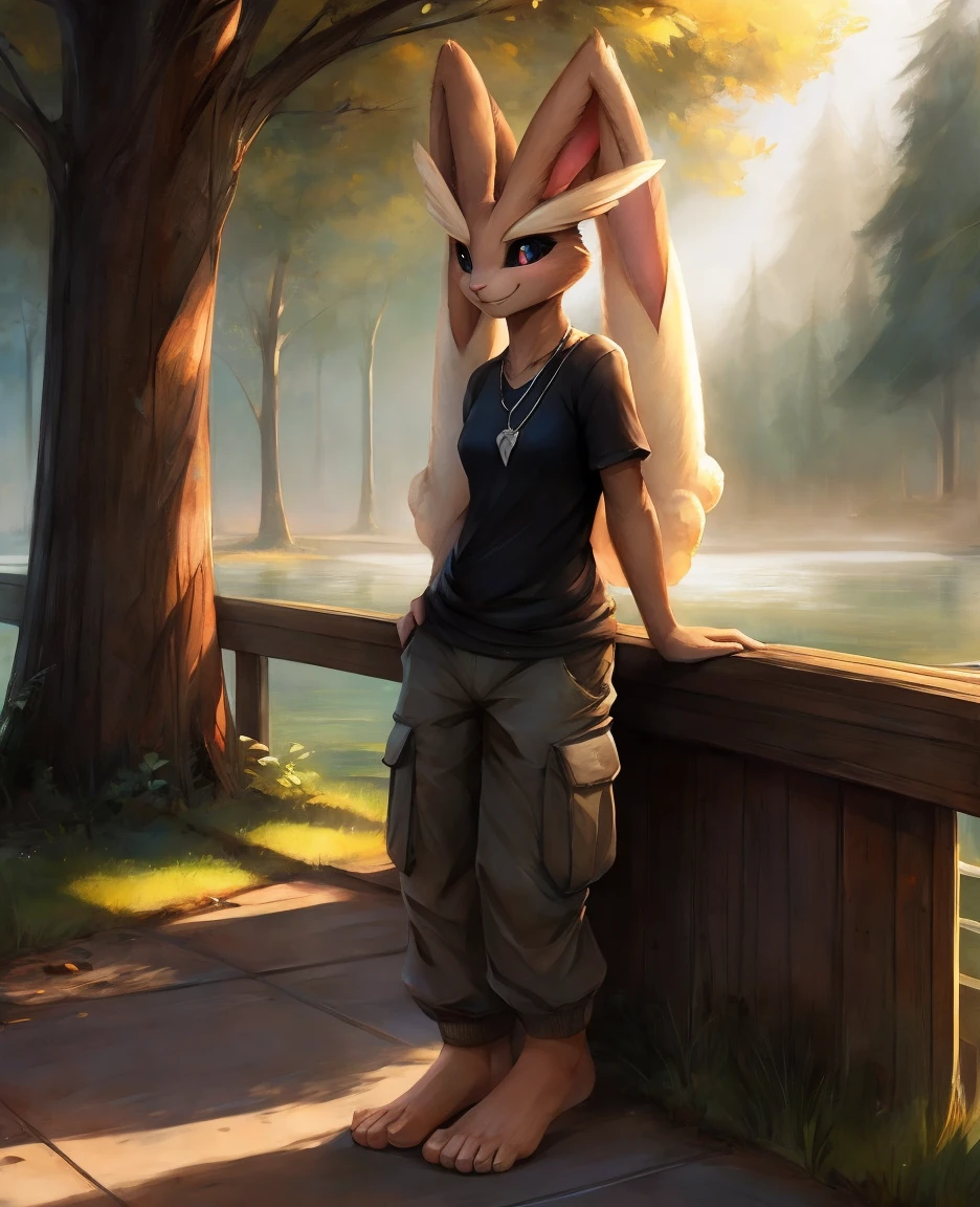 fog, Lopunny_ears, (white_pupils, black sclera), 1 girl, Counter shading, volumetric lighting, Necklace, (in a black T-shirt with a pattern), Casual wear, (cargo pants), bare feet, white soles of feet, hands in pockets, Best quality, smile, trees, sidewalk, Leaning on the fence,, from Einshelm|Volume_fish stream