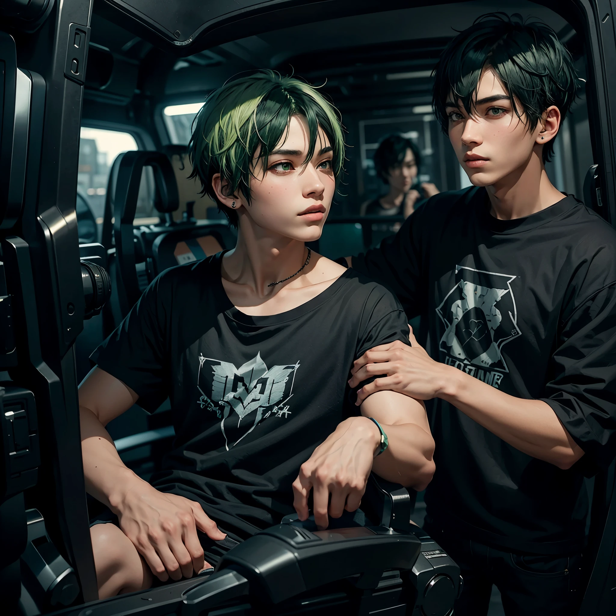 boy game case artist black and green hair black t-shirt Short hair 