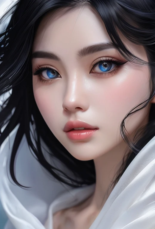A woman with black hair and black eyes and a white dragon, A white kimono like a shrine maiden，Translucent feather robe，The white dragon&#39;s eyes shine silver，Gwaites style artwork, realistic digital painting, beautiful realistic face, realistic digital illustration, hyper realistic anime, realistic 3d animation, beautiful and realistic face, 8K realistic digital art, have a highly detailed face, highly detailed face and eyes, Realistic anime 3d style, realistic art style，Rainbow colors are scattered，whole body，A white dragon is floating behind the woman