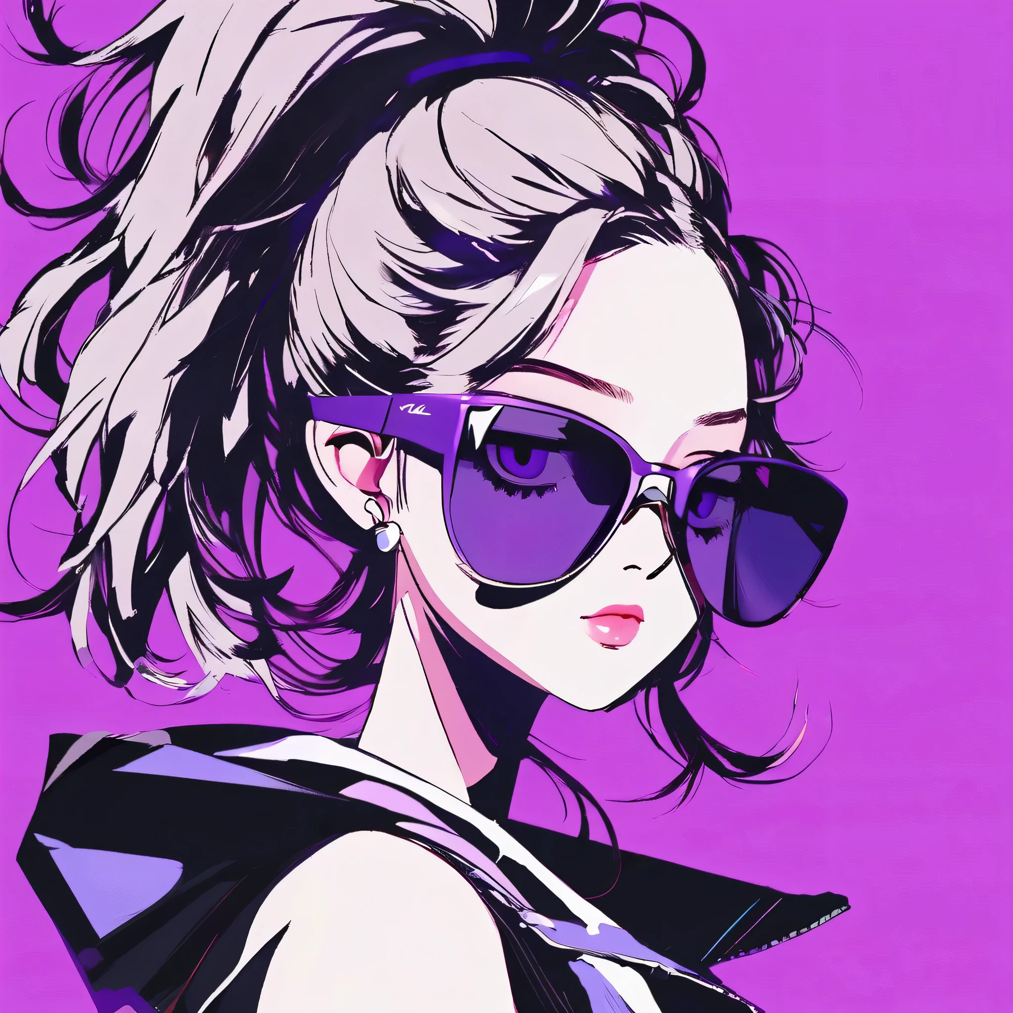 Anime girl with sunglasses in her hair, Guweiz style artwork, digital illustration style, anime style illustration, anime style 4k,purple eyes, With shining eyes, anime style. 8K, Hero, Persona 5 art style wallop