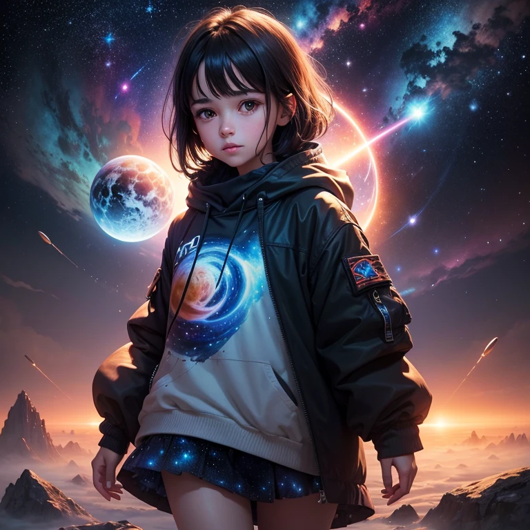 A girl with dark hair, dressed in special space clothes.The painting depicts celestial expanses filled with brilliant stars, interstellar clouds and twinkling planets. In the foreground is a rift into another world. Covered with a mystical fog that creates a mysterious atmosphere. high detail, high resolution,200k.
Fiku Bite, professional photo, beautiful, watercolor,aesthetic, realistic, neon lighting,3D.