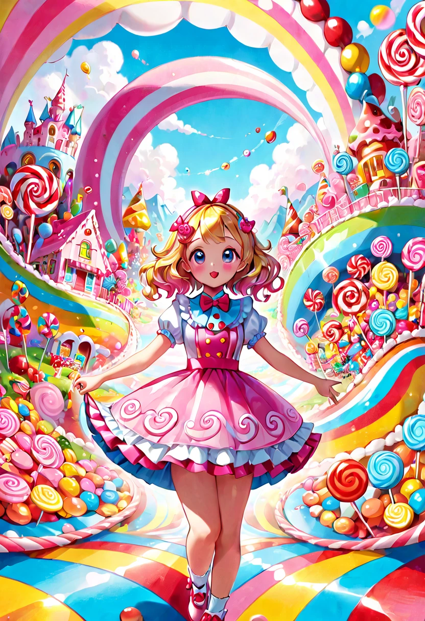 1girl, Candyland, aesthetic, vibrant colors Candyland wonderland gouache swirls detailed Candy art style! Whimsical playful colorful! candy!!! 🍬🍭 Candyland art!! “Hyperrealistic hyperdetailed highly detailed, digital illustration” postmodernism, artstation, poster art, dynamic lighting, cel-shaded, ray tracing reflections