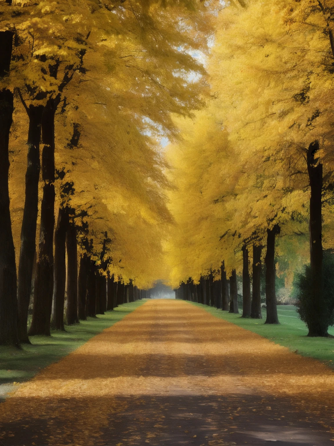 In autumn, a dirt lane road is covered with yellow leaves on both sides of the plane trees, yellow and red leaves on trees