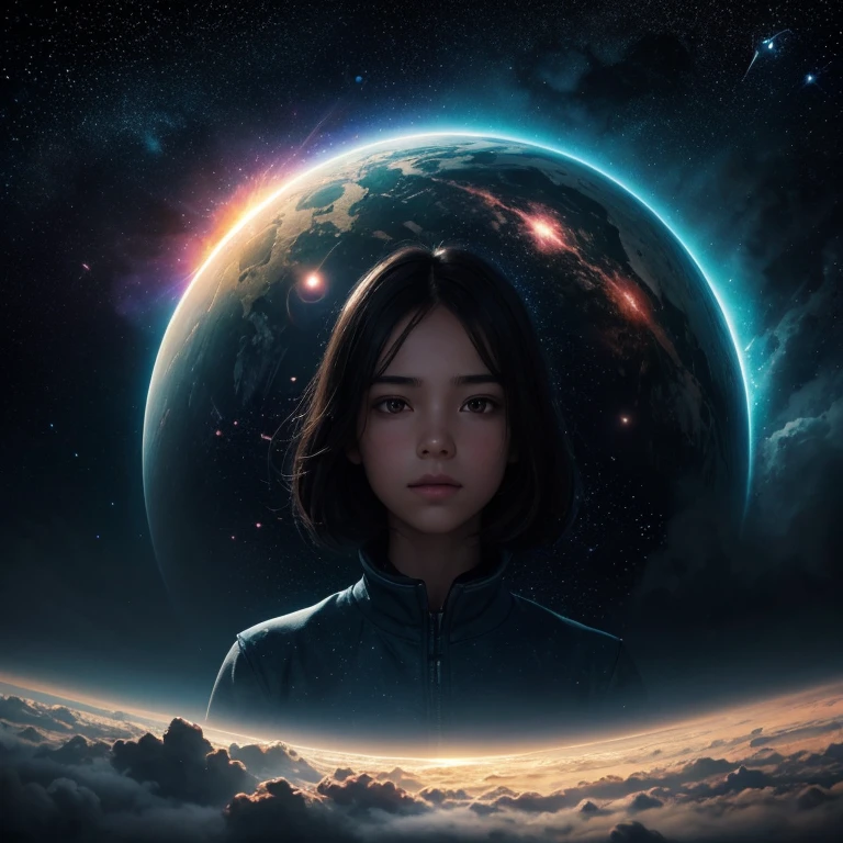 A girl with dark hair, dressed in special space clothes.The painting depicts celestial expanses filled with brilliant stars, interstellar clouds and twinkling planets. In the foreground is a rift into another world. Covered with a mystical fog that creates a mysterious atmosphere. high detail, high resolution,200k.
Fiku Bite, professional photo, beautiful, watercolor,aesthetic, realistic, neon lighting,3D.