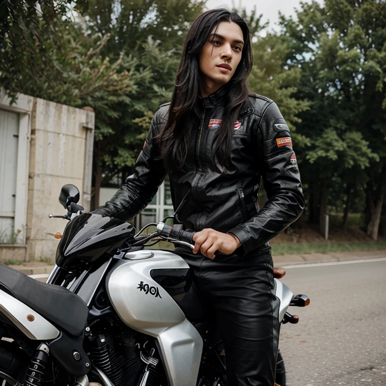 A handsome and slim young man with black long hair riding motor sport