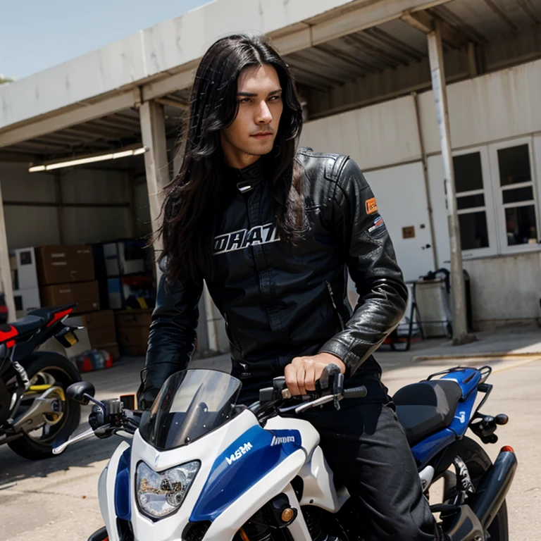 A handsome and slim young man with black long hair riding motor sport