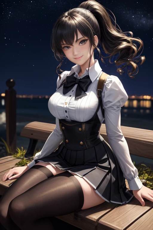 height, very detailed, (1 girl:1.3), (dynamic gesture):1.0 Breaks, 1 An extremely beautiful and charming anime girl sits on a park bench at night., Wear a white collared shirt and a knee-length pleated skirt., (black stockings), She has black curly ponytail., gigantic chest, smile, be happy, wind, 8 life size, detailed clothing, detailed body, Detailed weapons, human hand, detailed hands, upper body shot, Emphasize the hips, Blush, light smile, looking at viewer, Facing the audience, staring at the audience, Lights lit up the beach and stars lit up the sky., Softlight Studio, movie light, Detailed background, realistic, ultra-realistic, Masterpiece, 32k ultra sharp images,