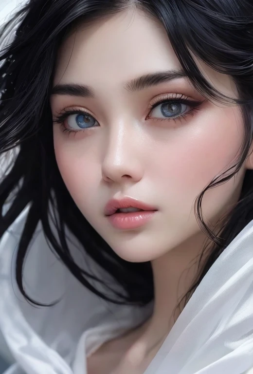 A woman with black hair and black eyes and a white dragon, A white kimono like a shrine maiden,Translucent feather robe,The white dragon's eyes shine silver,Gwaites style artwork, realistic digital painting, beautiful realistic face, realistic digital illustration, hyper realistic anime, realistic 3d animation, beautiful and realistic face, 8K realistic digital art, have a highly detailed face, highly detailed face and eyes, Realistic anime 3d style, realistic art style,Rainbow colors are scattered,whole body,A white dragon is floating behind the woman,Wet, glossy black eyes