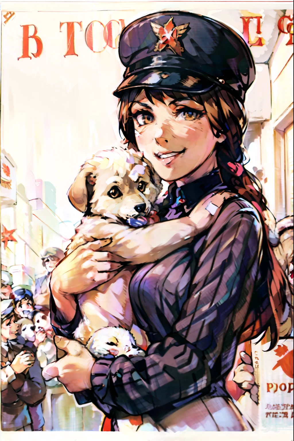 (best quality:1.2), woman with puppy, smile, looking at camera, soviet union, poster,
