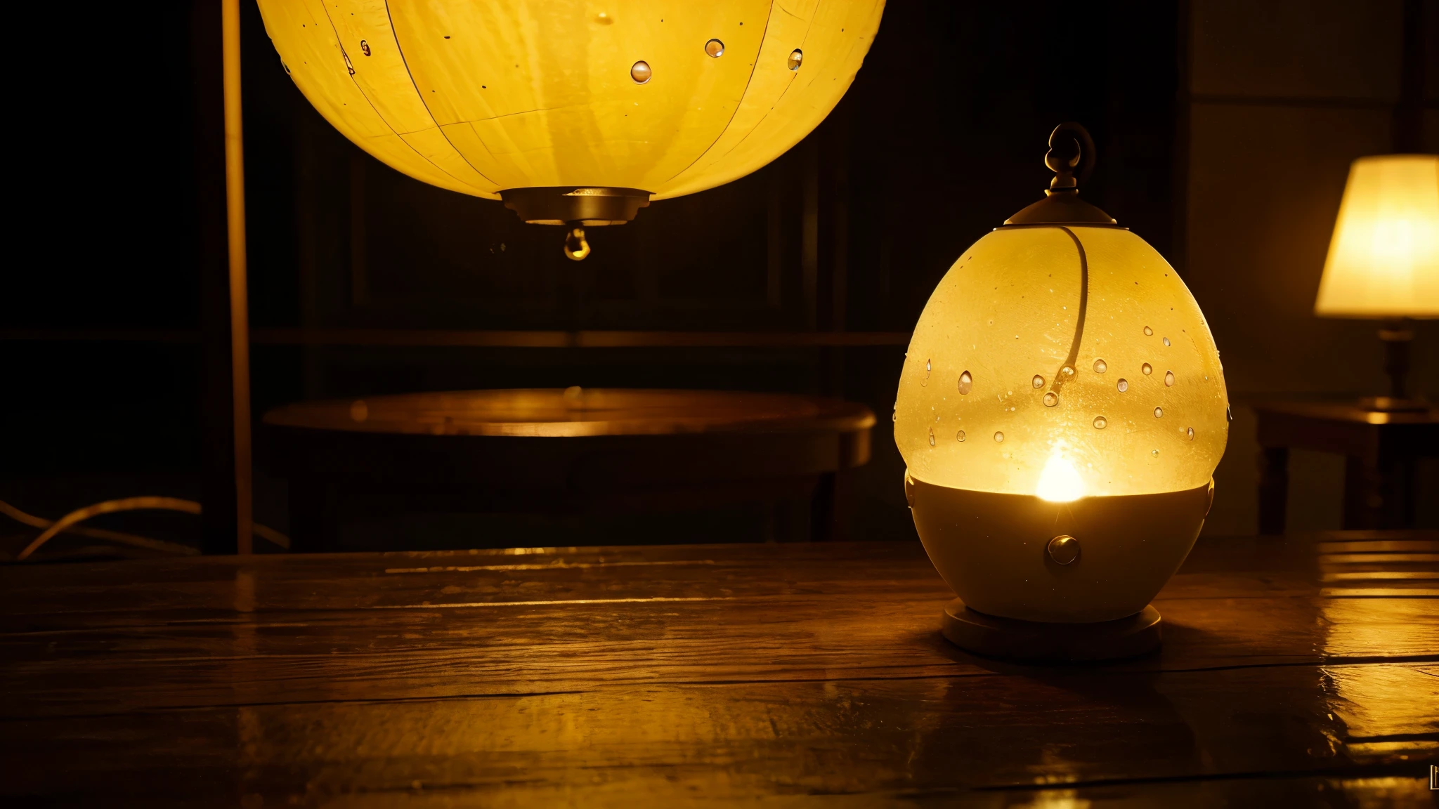 A lamp made from mango, water drops, pequena luz no centro, High definition, Full hd 4k 