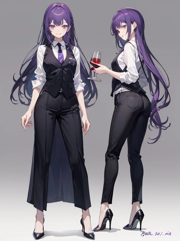 purple,long hair,woman,bartender,black vest,shirt,tie,pants,high heels,all,simple background,smile,whole body,full body,full body,Standing picture,vtuber,upright,,I&#39;m looking forward to,body turns forward