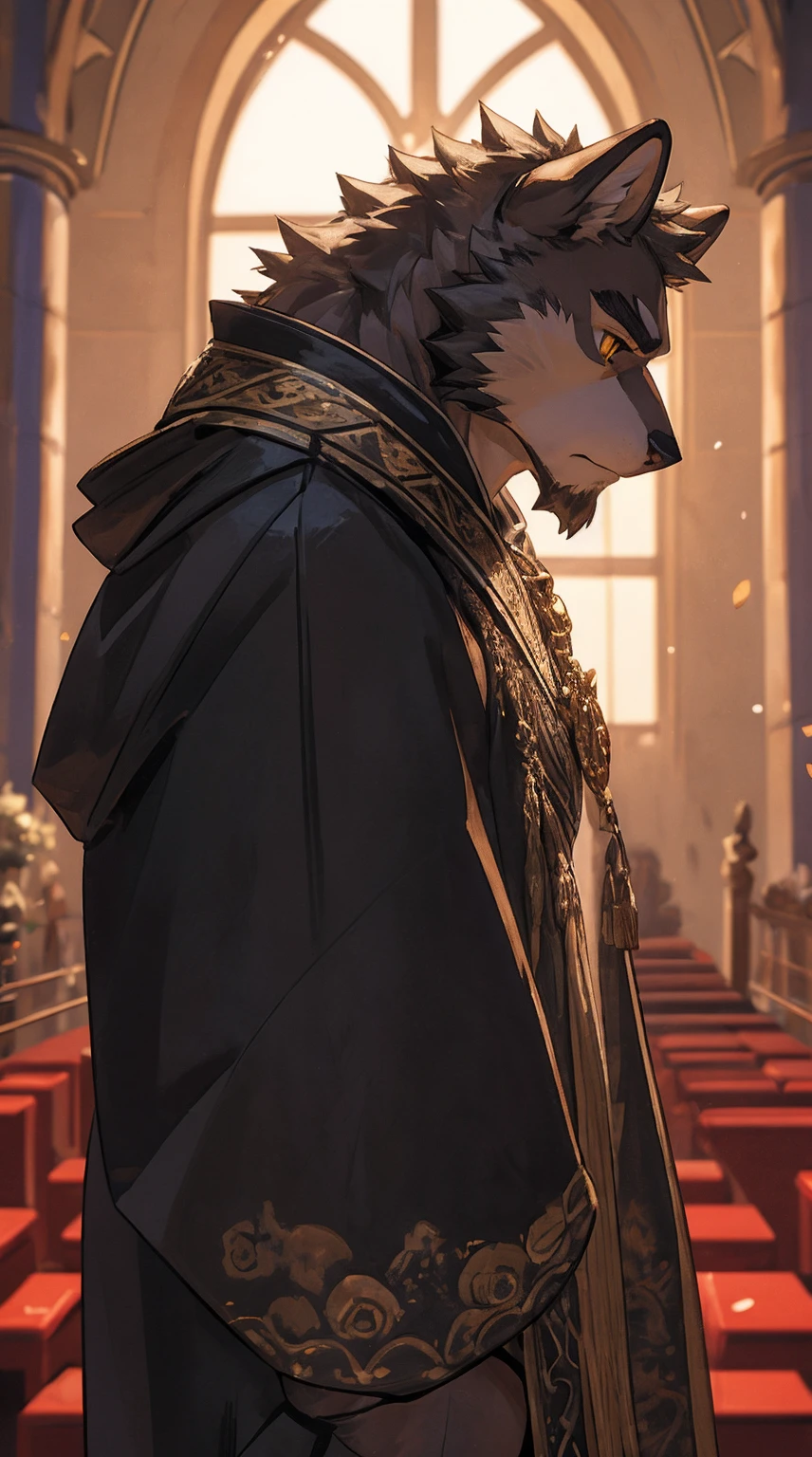 chubby，hairy的熊兽人，male，golden pupils，24 years old，hairy，fat belly，hansome，Partial realism，light and shadow，A beam of light shines into the darkness，priest，教堂的priest，sacred，male，golden pupils，hairy，hansome，Partial realism，light and shadow，church background，priest的装扮，sacred，holy，whole body，8k，Character front，Epic setting，masterpiece, alone,Detailed face, 24 years old成人, hairy的, male,whole body, hairy的，Cute style, portrait, head shot portrait, Very detailed, expressive, dramatic light,  Very detailed, light versus darkness, Cinema lighting, Detailed details, depth of field