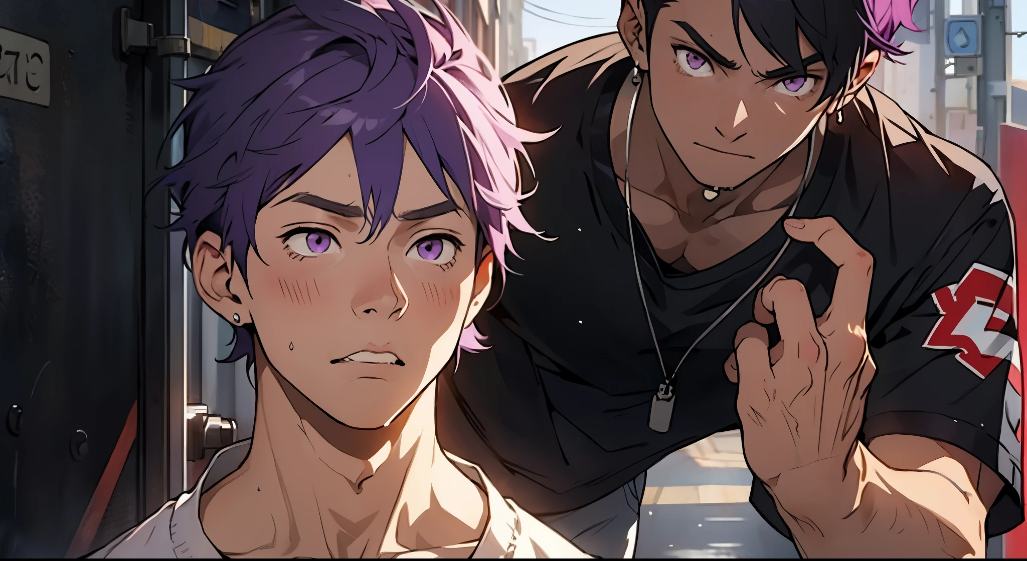 cute boy is upset purple eyes purple hair
