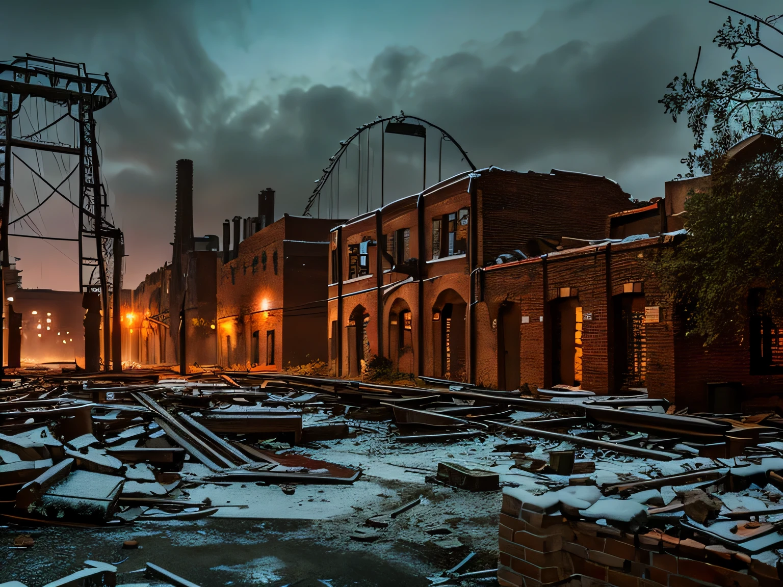 Snowy evening.
The remnants of a factory with red brick chimneys stand, the buildings collapsed, debris scattered. The walls are moss-covered, window panes shattered, steel frames exposed. The ground is desolate, weeds and vines intertwined, rusted machinery abandoned. The overcast sky envelops this desolate, silent place.
Please draw such a scene.