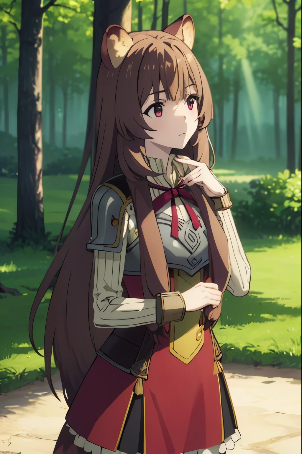photorealistic, (4k), depth of field, (Masterpiece), (realistic skin texture), extremely detailed, intricate, hyper detailed, professional photography, bokeh, high resolution, sharp detail, best quality, girl, raccoon girl, raccoon ears, animal ears, long hair, brown hair, bangs, red eyes, armor, breastplate, sweater, ribbon, long sleeves, red dress, skirt, dynamic pose, shushing, forest, forest clearing, light rays,
