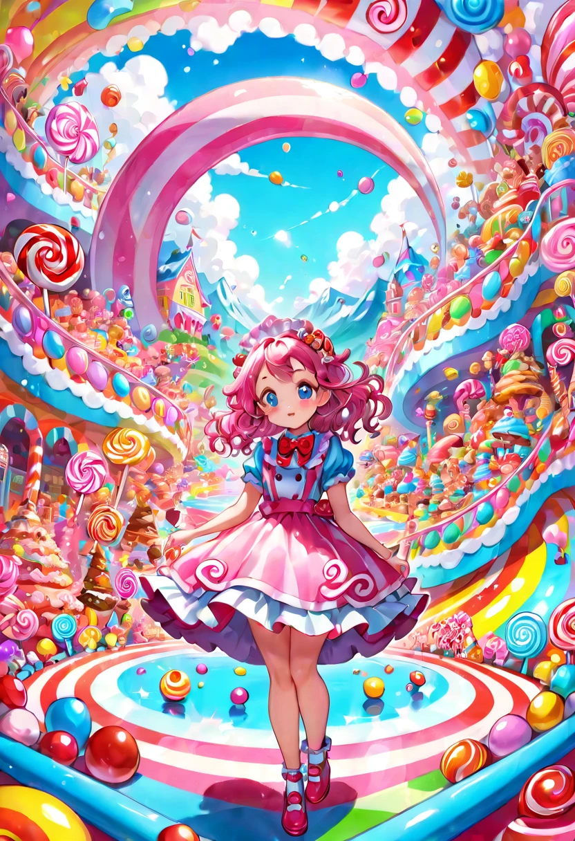 1girl, Candyland, aesthetic, vibrant colors Candyland wonderland gouache swirls detailed Candy art style! Whimsical playful colorful! candy!!! 🍬🍭 Candyland art!! “Hyperrealistic hyperdetailed highly detailed, digital illustration” postmodernism, artstation, poster art, dynamic lighting, cel-shaded, ray tracing reflections