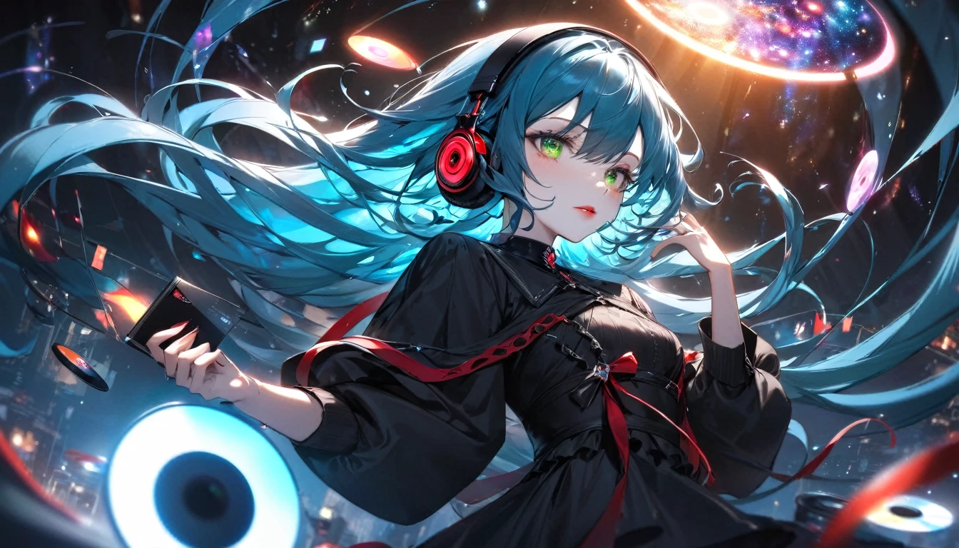 Gothic inspired art, clothes and hair, a young and very sexy and beautiful adult woman with large green eyes, long Blue hair. Impeccably make up with red lipstick, dark eyeshadow accentuating her bright eyes. Sporting large, colorful headphones, she giving a side look tô the camera. She is floating in another chaotic dimension, with red and Black shapes and lights. She is touching a music CD that is floating in space, with swirling lights and colors around her hand, and a calm and tranquil, almost maternal expression on her face.