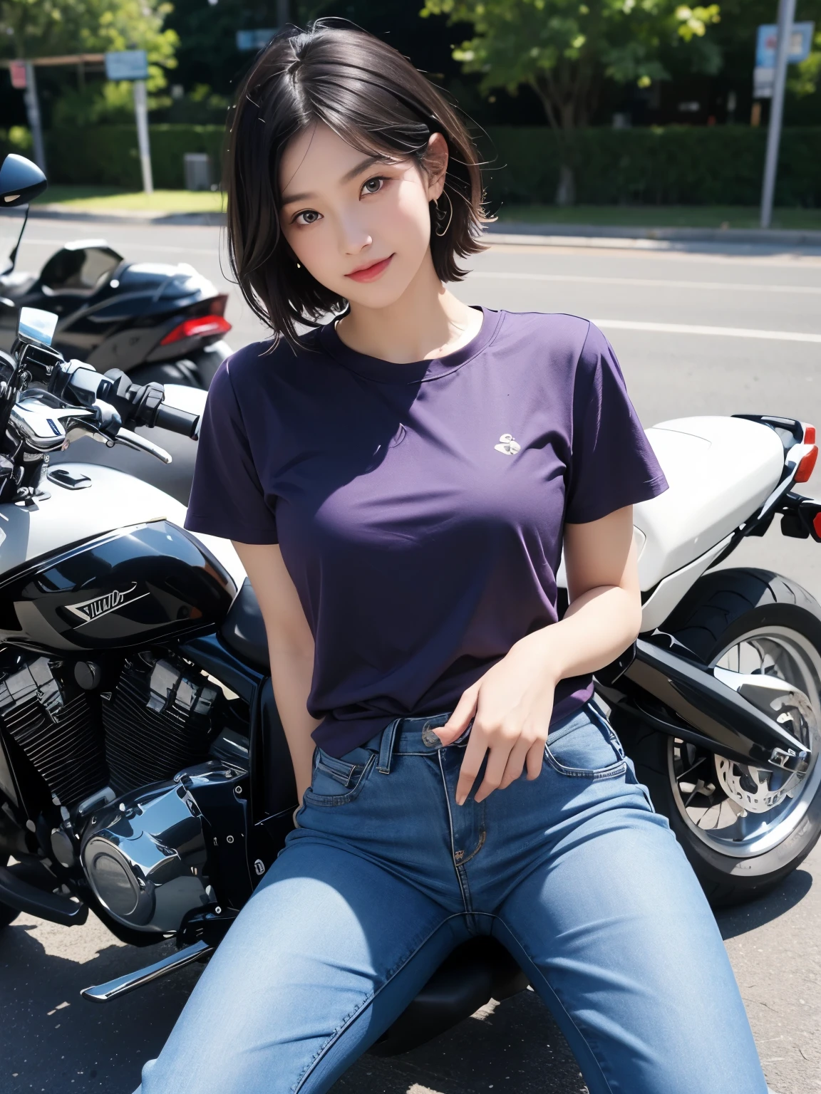 (masterpiece:1.3), (8K, realistic, Raw photo, highest quality:1.4), (realistic face), (black hair, short hair:1.3), beautiful hairstyle, realistic eyes, Detailed and beautiful blue eyes, (realistic skin), (beautiful skin), (((Straddling a motorcycle))), Charm, ultra high resolution, surreal, golden ratio, ((smile)), ((full body shot)), (((Purple short-sleeved shirt)))、(Jeans and basketball shoes)