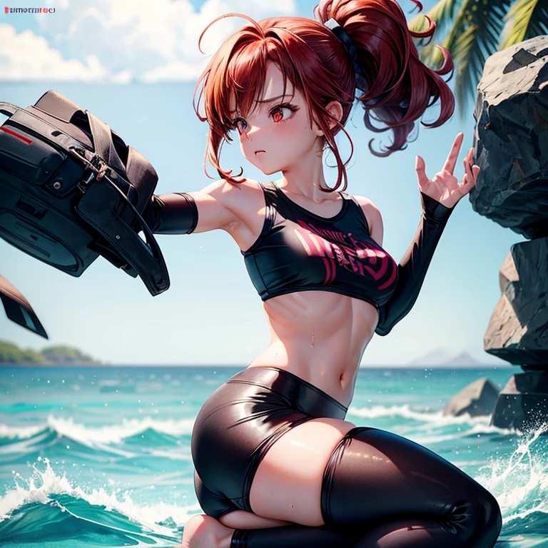Cute girl, , pony tail, big breasts, small bra and leggings shorts,red hair, red eyes, fit clothes, nice ass,Spread your legs, wet,relax,