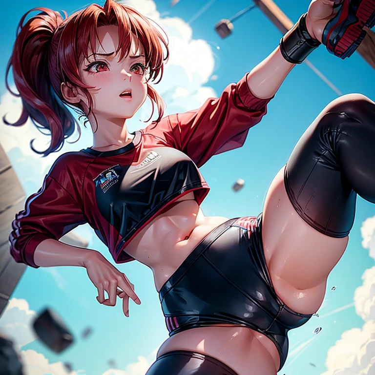 Cute girl, , pony tail, big breasts, small bra and leggings shorts,red hair, red eyes, fit clothes, nice ass,Spread your legs, wet,relax,