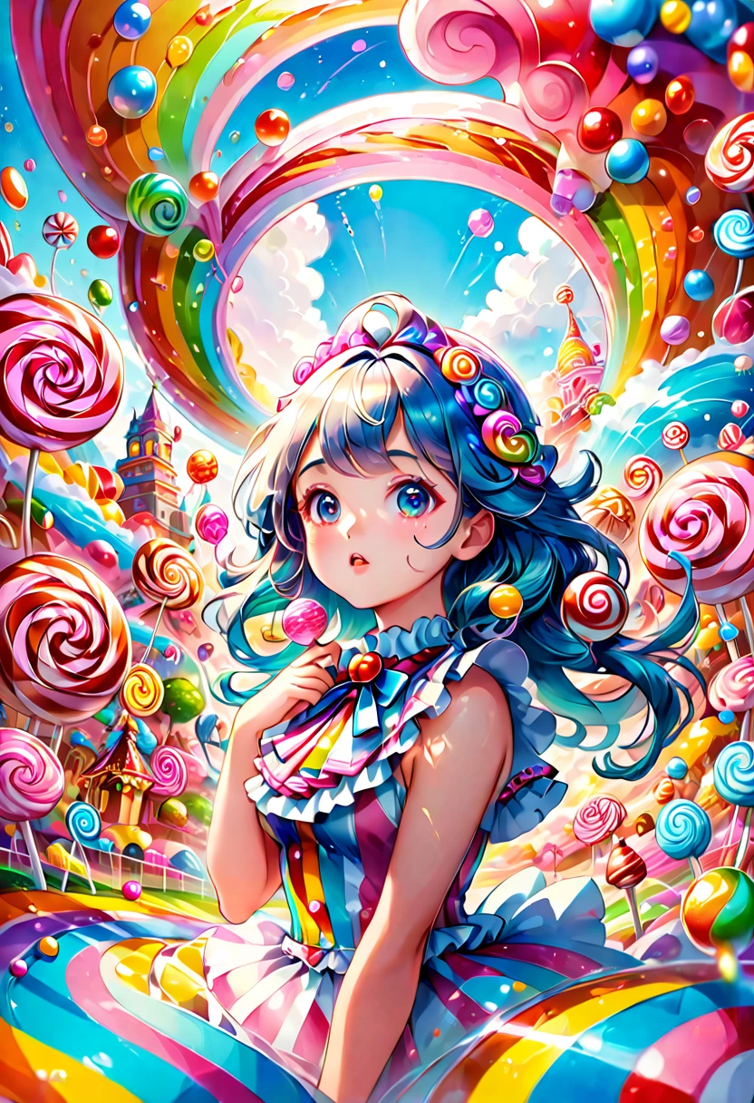 1girl, Candyland, aesthetic, vibrant colors Candyland wonderland gouache swirls detailed Candy art style! Whimsical playful colorful! candy!!! 🍬🍭 Candyland art!! “Hyperrealistic hyperdetailed highly detailed, digital illustration” postmodernism, artstation, poster art, dynamic lighting, cel-shaded, ray tracing reflections