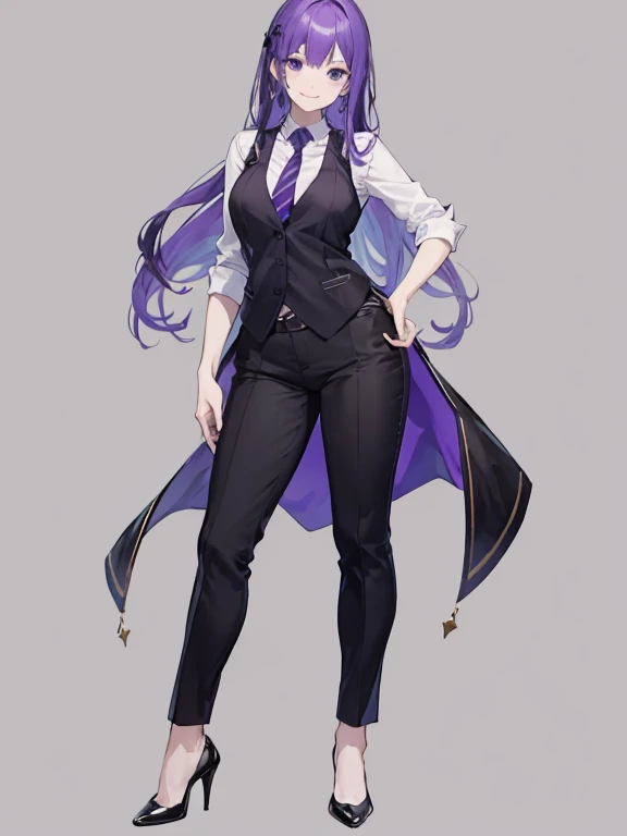 purple,long hair,woman,bartender,black vest,shirt,tie,pants,high heels,all,simple background,smile,whole body,full body,full body,Standing picture,vtuber,upright,,I'm looking forward to,body turns forward