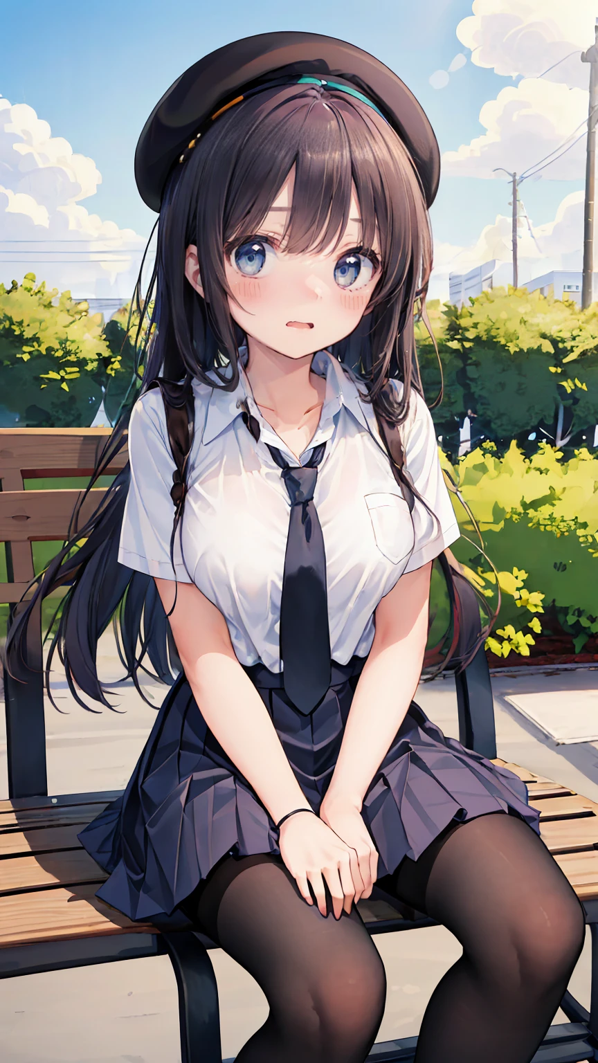 (masterpiece, best_quality), extremely_detailed_CG, woman posing for a photo, shy smile, Happy, long hair, straight hair, fine skin, beautiful hands, beautiful fingers, Wearing a beret, tie, short sleeve blouse, pleated skirt, thighs, Absolute area, knee socks, during the day, Hot summer day, School, schoolyard, sitting on the bench, Canned juiceを持っている, Natural light, detailed face:1.2, sharp focus, Hasselblad Photos, masterpiece, light makeup, cinematic lighting, 4k, highest quality, sharpness, anime style, whole body, Canned juice, 